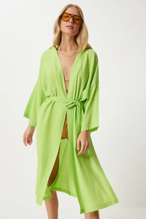 Happiness istanbul Pistaziengrüner Viskose-kimono – Mit Gürtel Und Crinkle für Damen - 36