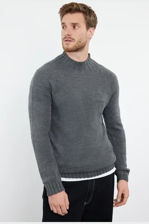 Trendyol Anthrazitfarbener Slim-fit-strickpullover Mit Halbem Rollkragen Und Raglanärmeln – für Herren - M