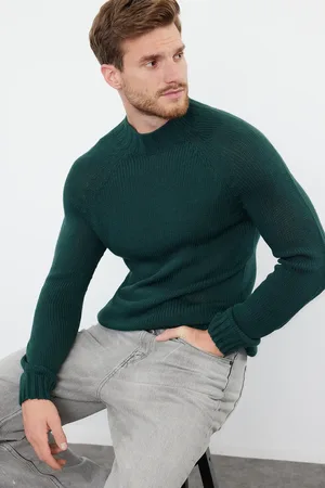 Trendyol Smaragdgrüner Slim-fit-slim-fit-pullover Mit Halbem Rollkragen Und Raglanärmeln, Einfarbig, Basic-strickpullover für Herren - XL