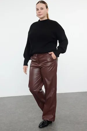 Trendyol Weit Geschnittene Weinrote Hose Aus Gewebtem Kunstleder für Damen - 44