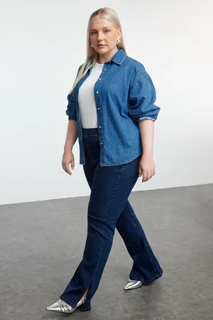 Trendyol Dunkelblaue Jeans Mit Spanischem Bein In Übergröße – Nahtdetail für Damen - 46
