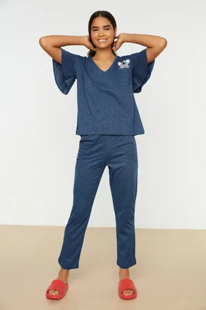 Trendyol Petrolfarbenes Pyjama-set Aus Baumwolle Mit Koala-print Und Ärmeln Sowie Schwungrad-details für Damen - XS