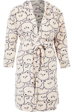 Trendyol Plüsch-strick-morgenmantel – Cremefarbener Teddybär-aufdruck, Wellsoft für Damen - 4XL