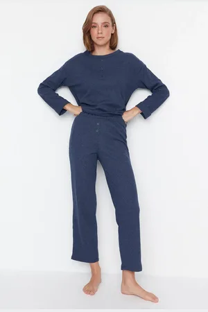 Trendyol Indigoblaues Pyjama-set Aus Strick Mit Waffelmuster-detail – für Damen - L