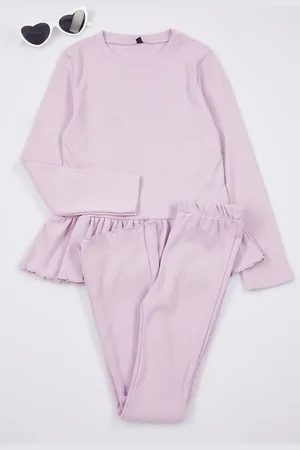 Trendyol Fliederfarbenes Baumwoll-trainingsanzug-set Für Mädchen – Sweatshirt Und Unterteil für Damen - 6–7 Jahre