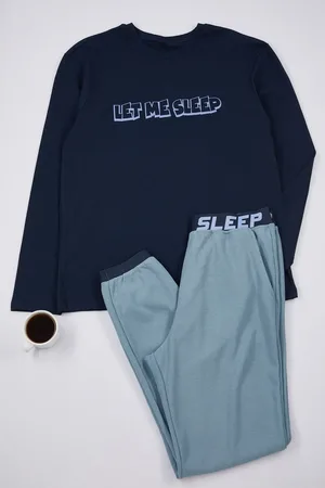 Trendyol Marineblaues, Bedrucktes Pyjama-set Mit Normaler Passform – 100 % Baumwolle, Gummidetails für Herren - S