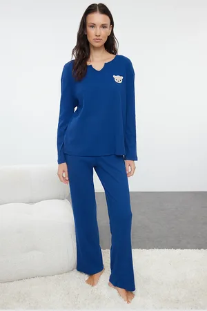 Trendyol Marineblaues, Geripptes, Gestricktes Baumwoll-teddybär-pyjama-set für Damen - L