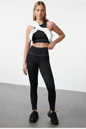 Trendyol Schwarze Gestrickte Sport-leggings Mit Breitem Gummibund – Raffung Und Reflektierenden Details für Damen - S