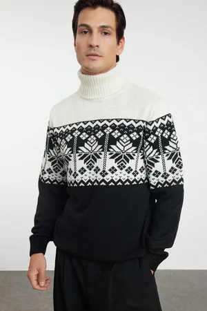 Trendyol Schwarzer Rollkragenpullover Aus Normaler Wolle Mit Ethnischem Trikot für Herren - L