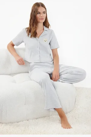Trendyol Geripptes Graues Strick-pyjama-set – Mit Teddybär, für Damen - XL