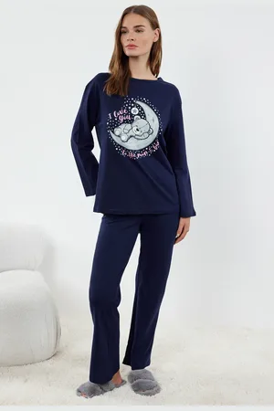 Trendyol Marineblaues, Gestricktes Pyjama-set Aus 100 % Baumwolle Mit Teddybär Und Galaxie-aufdruck für Damen - M