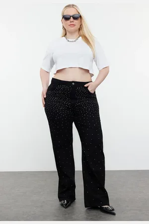 Trendyol Schwarze Jeans Mit Hoher Taille Und Weitem Bein Und Steindetail - für Damen - 42