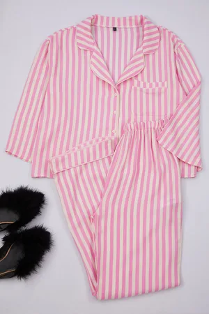 Trendyol Rosa- Gestreiftes Pyjama-set Aus Viskosegewebe für Damen - 34