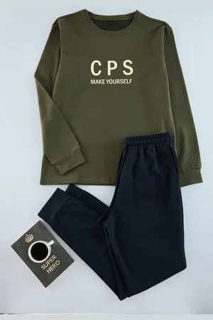 Trendyol Khakifarbenes Pyjama-set Aus Bedrucktem Strick – Regular Fit für Herren - L
