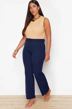Trendyol Marineblaue, Gerippte, Genähte, Gewebte Hose Mit Spanischem Bein Und Hoher Taille für Damen - 42