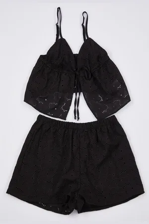 Trendyol Schwarzes, Mit Blumen Gefüttertes Pyjama-set Aus Baumwolle Mit Eigenem Szenario für Damen - 38