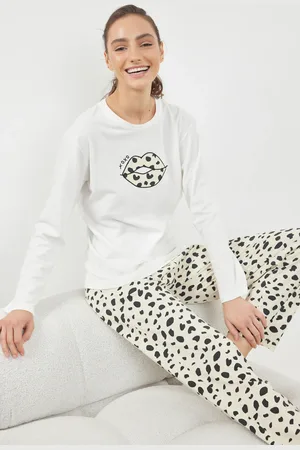 Trendyol 100 % Baumwolle, Weiß- , Pyjama-set Mit Lippen- Und Leopardenmuster für Damen - S