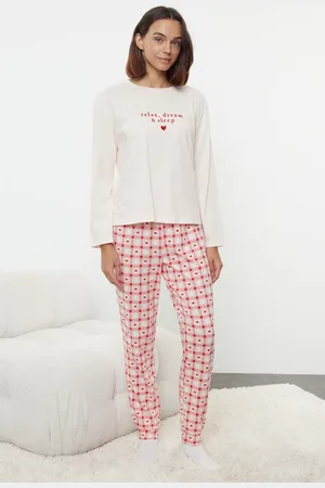 Trendyol Baumwoll-pyjama-set Mit Slogan-stickerei – Herz-karomuster für Damen - M