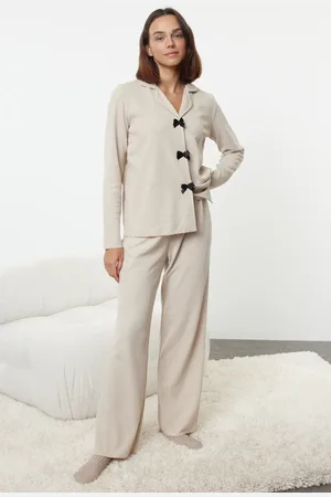 Trendyol Beiges Pyjama-set Aus Strick Mit Waffelmuster Thmaw25pt00195 für Damen - XL