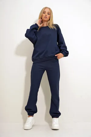 Trend Alacati stili Marineblaues Trainingsanzug-set – Rundhalsausschnitt, Elastische Taille Und Beine, Zweifädig Alc-507-669-001 für Damen - S