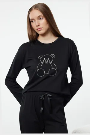 Trendyol Schwarzes Baumwoll-teddybär-strick-pyjama-set Mit Steindruck für Damen - M