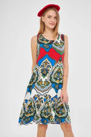 armonika Dunkelblaues, Gemustertes, Ärmelloses Kleid Mit Rüschen – Arm-22k 001142 für Damen - S