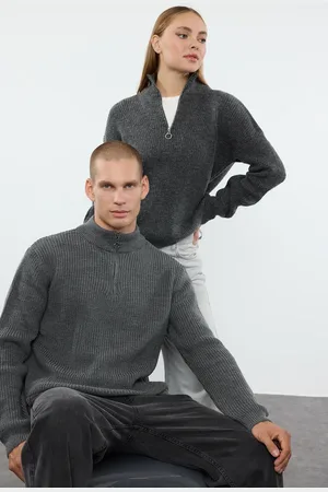 Trendyol Dunkelgrauer, Lässiger Pullover Mit Normaler Passform Für Paare/paare, Halber Rollkragenpullover Mit Reißverschluss, für Herren - S