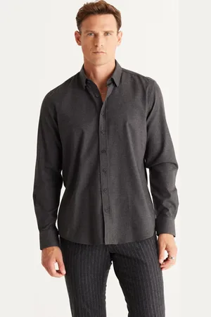 Altınyıldız Classics Anthrazitfarbenes Flanell-oxford-hemd – Schmale Passform, Versteckter Knopf, Baumwolle für Herren - XL