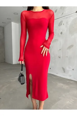 BİKELİFE Rotes Bleistiftkleid Aus Lycra Mit Schlitzdetail für Damen - S