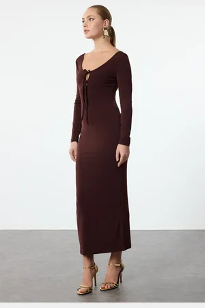 Trendyol Braunes, Körperbetontes, Gestricktes, Langes, Stilvolles Abendkleid Mit Bindedetail An Der Brust für Damen - 36