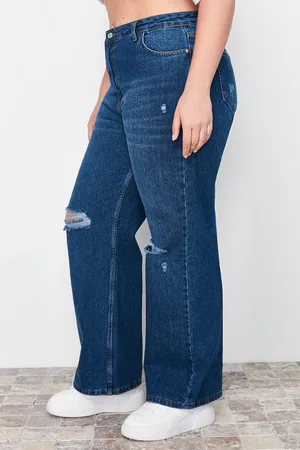 Trendyol Dunkelblaue Distracted-jeans Mit Weitem Bein In Übergröße für Damen - 46