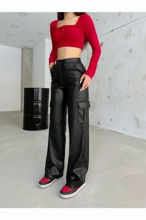 BİKELİFE Schwarze Cargohose Aus Leder Mit Hoher Taille Und Weitem Bein für Damen - S