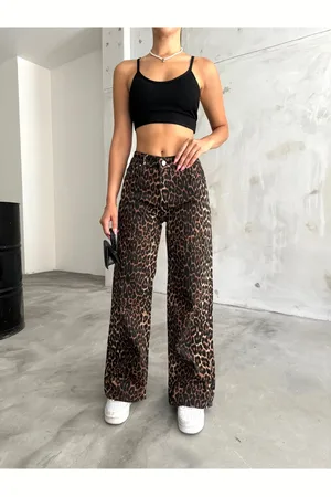 BİKELİFE Palazzo-hose Aus Lycra Mit Hoher Taille Und Weitem Bein Und Leopardenmuster für Damen - 38