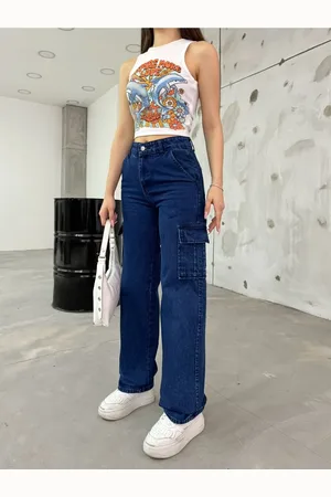 BİKELİFE Marineblaue Cargohose Mit Hoher Taille Und Weitem Bein für Damen - 40