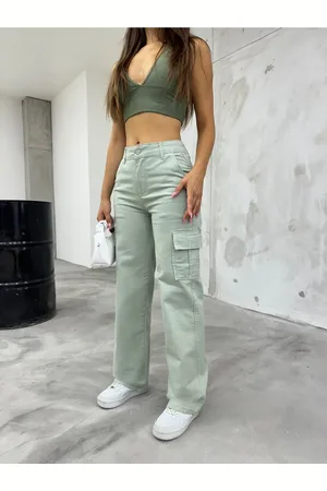 BİKELİFE Hellgrüne Cargohose Mit Hoher Taille Und Weitem Bein für Damen - 34