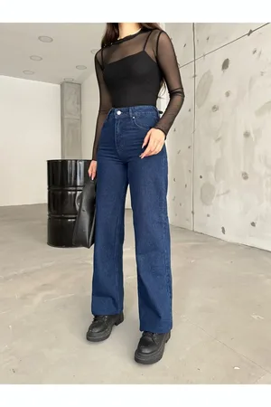 BİKELİFE Marineblaue Jeans Mit Hohem Bund Und Dehnbarem Lycra Und Weitem Bein für Damen - 38