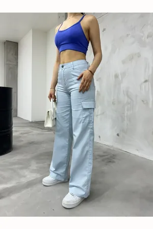 BİKELİFE Babyblaue Hose Mit Weitem Bein Und Hoher Taille Und Cargotasche für Damen - M