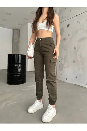 BİKELİFE Khakifarbene Hose Aus Gabardine-stoff Mit Cargotaschen für Damen - L