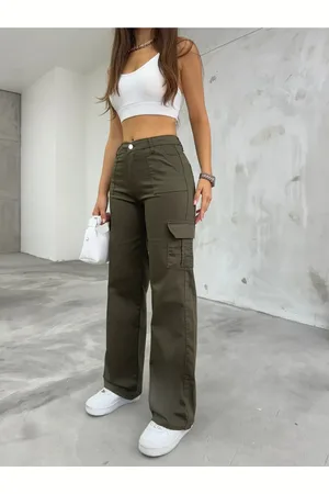 BİKELİFE Khakifarbene Cargo-hose Aus Lycra Mit Hoher Taille Und Weitem Bein für Damen - L