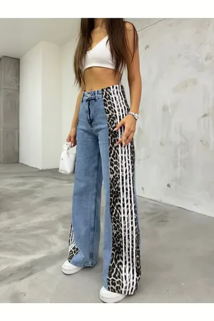 BİKELİFE Jeans Mit Hoher Taille, Blauem Leopardenmuster, Seitlichen Streifen Und Weitem Bein für Damen - 40