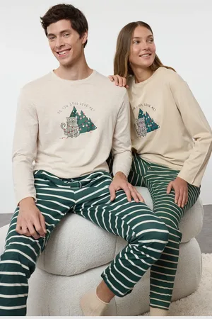 Trendyol Beigefarbenes, Gestreiftes Pyjama-set Aus 100 % Baumwolle – Neujahrs-thema für Damen - S