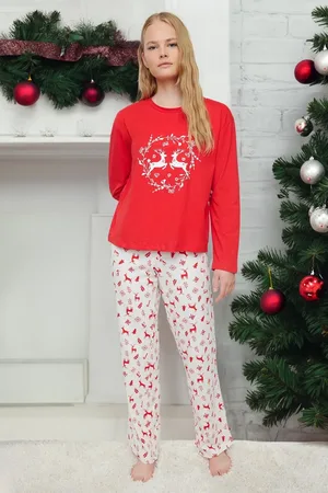Trendyol Roter Pyjama Aus Strick Mit Neujahrsmotiv 100 % Baumwolle Thmaw25pt00117 für Damen - M