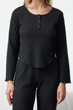 Trendyol Anthrazit-meliertes Pyjama-set Aus Strick Mit Waffelmuster - für Damen - XL
