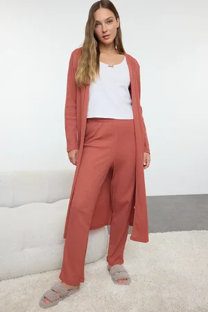 Trendyol Tile 3-teiliges, Geripptes Strick-pyjama-set Mit Band-/schleifendetail für Damen - L