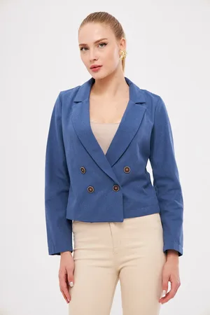 armonika Dunkelblaue Kurze Jacke Aus Gabardine Mit Zweireiherkragen für Damen - XL
