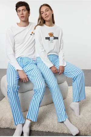 Trendyol Ecrufarbenes, Gestreiftes, Gestricktes Pyjama-set Aus 100 % Baumwolle Mit Normaler Passform für Herren - L