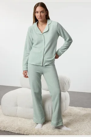Trendyol Mintfarbenes, Mit Paspeln Versehenes, Detailliertes Fleece-winter-strick-pyjama-set für Damen - M