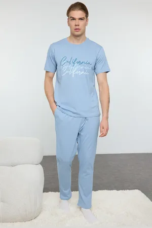 Trendyol Blaues Pyjama-set Aus Bedruckter Baumwolle Mit Rundhalsausschnitt – für Herren - S