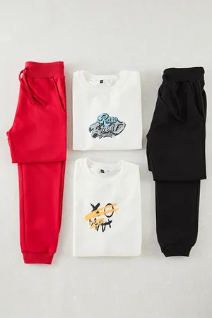 Trendyol Weiß-mehrfarbenes 4-teiliges Sweatshirt-trainingsanzug-set Für Jungen Mit Slogan Und Gestricktem Oberteil für Herren - 5–6 Jahre