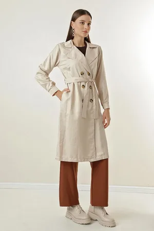 By Saygı Trenchcoat Aus Weicher Baumwolle Mit Umlegekragen, Taillengürtel Und Taschen für Damen - XL
